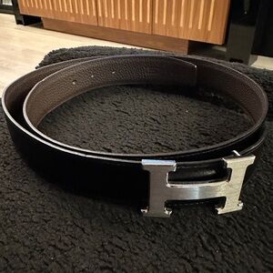 Hermes Double-sided Black and Brown Leather Belt with Silver H Buckle